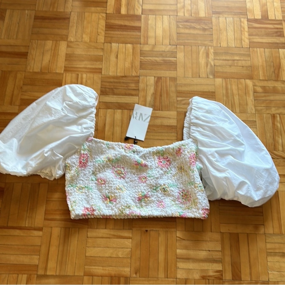 NWT ZARA White Floral Balloon Sleeve Boho crop top size XL - Picture 5 of 7